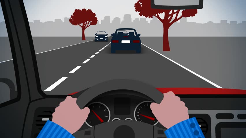 view from inside a car: hands on the steering wheel, to the car in front on the road ahead